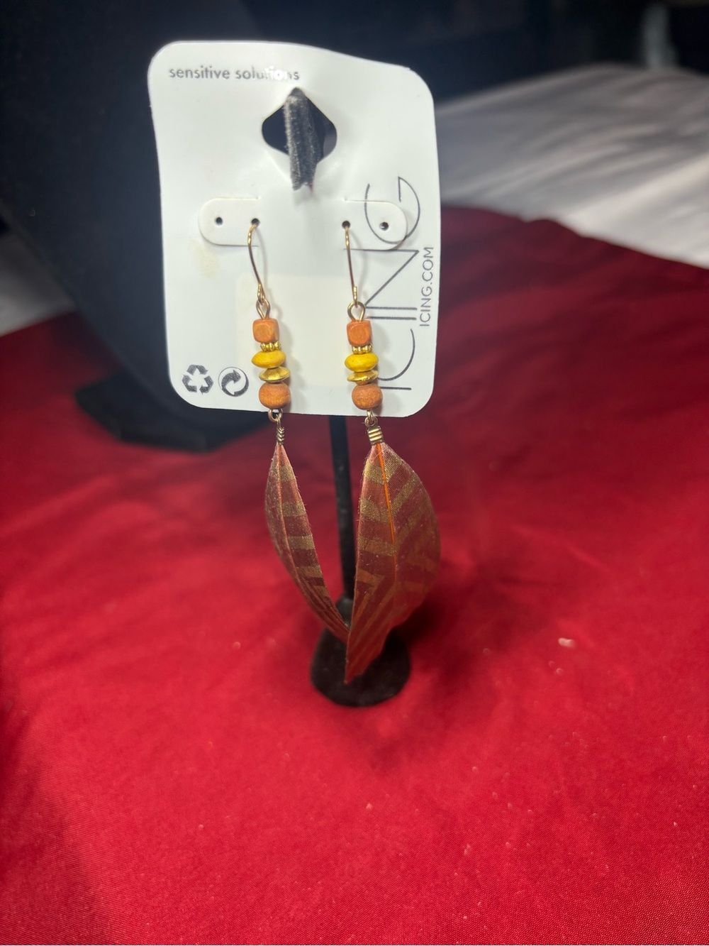 New Icing Orange and Yellow Beaded Feather Drop Earrings